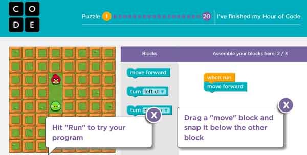 Un esempio di gamification dell'hour of code: i bambini sono invitati a usare personaggi a loro noti (quelli di Angry Birds) dentro un labirinto. Per spostarli però devono usare dei comandi scritti, molto simili a quelli di un codice di programmazione. La conclusione dei venti giochi porta alla fine della prima ora.