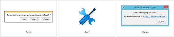 I tre step necessari per utilizzare il Software Removal Tool di Google: scaricare il software, lanciarlo e procedere alla pulizia
