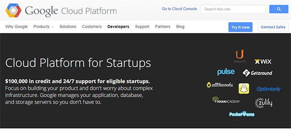 La homepage di Google Cloud Platform for Startups