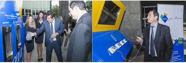 La casa dell'acqua che la Acea distribuirà a Roma e provincia ha tre lati: da uno fornisce acqua, dal'altro energia elettrica per smartphone e tablet tramite porte Usb.