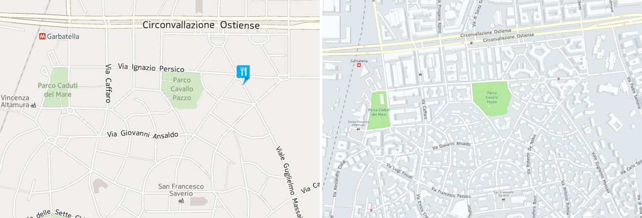 Mappa di Roma senza "building footprints" (a sinistra) e con "building footprints" (a destra).