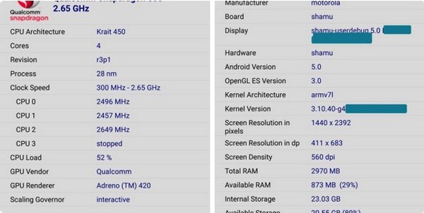 Nexus 6, screenshot sulle specifiche tecniche