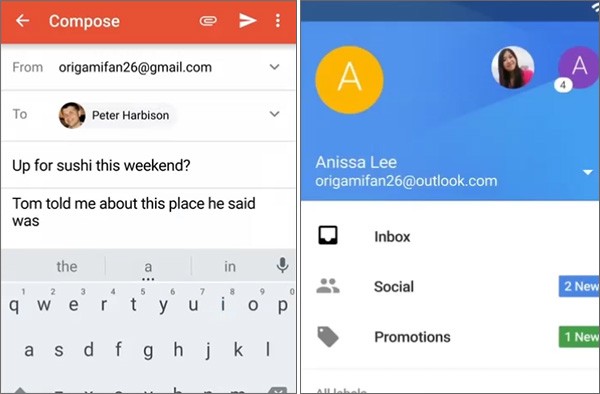 Screenshot per l'interfaccia dell'applicazione Gmail 5.0 su smartphone Android