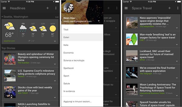 Screenshot per l'interfaccia dell'applicazione Google Notizie e Meteo su iPhone