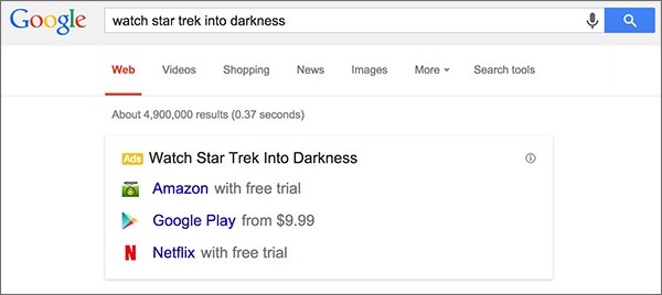 Il box per l'acquisto o il noleggio legale dei contenuti multimediali, visualizzato nelle SERP di Google