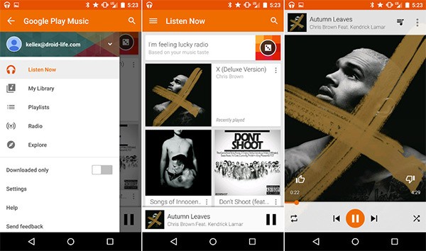 Screenshot per l'applicazione Google Play Music aggiornata con l'introduzione del Material Design