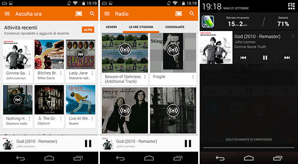 Screenshot per la nuova interfaccia dell'applicazione Google Play Music su smartphone Android
