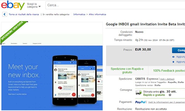 Uno degli inviti per la nuova casella Inbox di Google in vendita su eBay