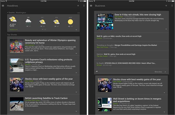 Screenshot per l'interfaccia dell'applicazione Google Notizie e Meteo su iPad