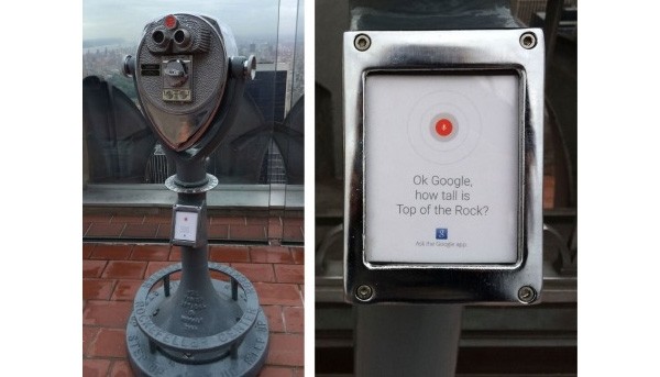 La pubblicità di "Ok Google" su un binocolo in cima al Rockefeller Center di Manhattan