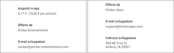Per visualizzare il prezzo degli acquisti in-app e l'indirizzo dello sviluppatore nella versione mobile di Google Play bisogna accedere alla sezione "Altre info"