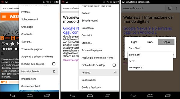 Screenshot per la nuova modalità Reader introdotta da Google con la versione 39 del browser Chrome Beta su Android