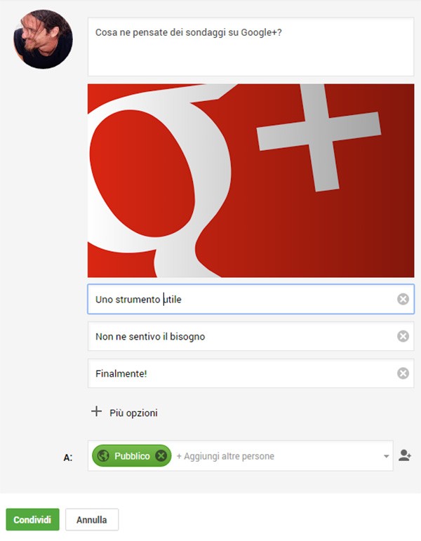 Il form per la creazione dei sondaggi su Google+