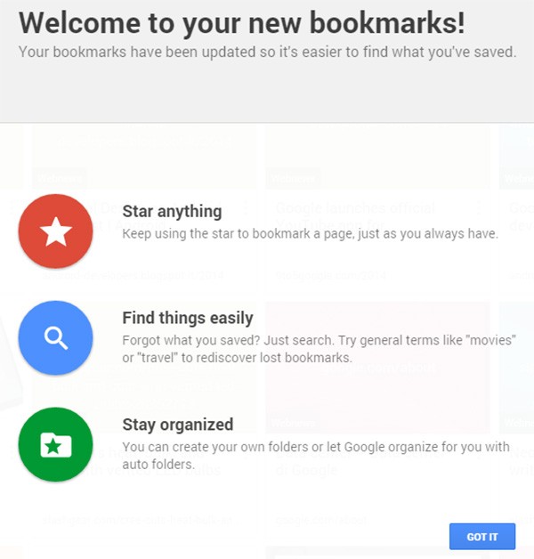 Il messaggio di benvenuto mostrato dopo l'installazione di Bookmark Manager per Chrome