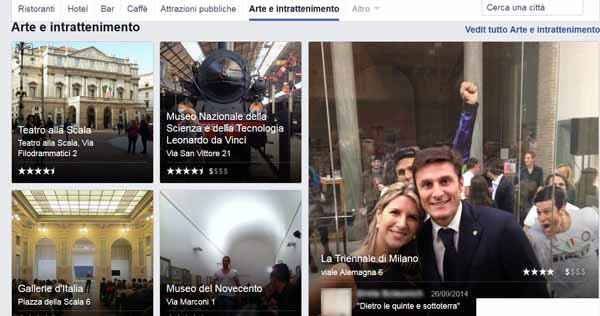 Un esempio della pagina Places: in questo caso, si tratta della directory rispetto a Milano - Arte e intrattenimento. Ogni utente vedrà però risultati leggermente diversi, a seconda dei propri amici e delle relazioni tra attività proprie e altrui. Anche i commenti alle foto sono quelli con più like tra quelli degli amici.