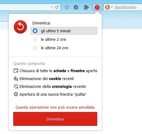 Il pulsante Dimentica e DuckDuckGo in Firefox 33.1