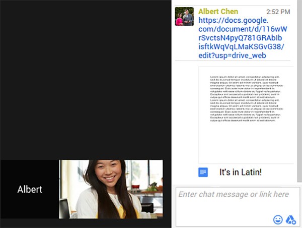 La condivisione dei file salvati su Google Drive all'interno di Hangouts avviene ora direttamente dall'interfaccia della chat
