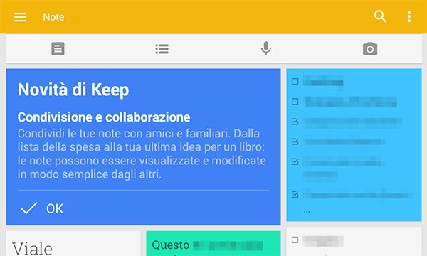 L'ultimo update di Google Keep permette di condividere le note con amici e familiari