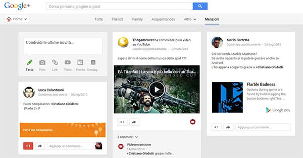 La scheda Menzioni introdotta oggi sulla versione Web del social network Google+