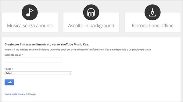 Il modulo di registrazione alla beta di YouTube Music Key