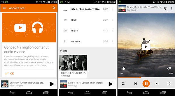 L'integrazione del servizio YouTube Music Key nella piattaforma Google Play Music, su smartphone Android