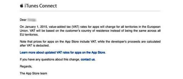 Il messaggio di Apple agli sviluppatori di applicazioni a proposito della nuova Iva europea. 