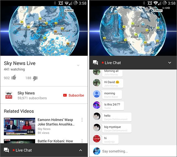 Le chat live di YouTube per Android, introdotte con l'aggiornamento dell'app alla versione 6.0