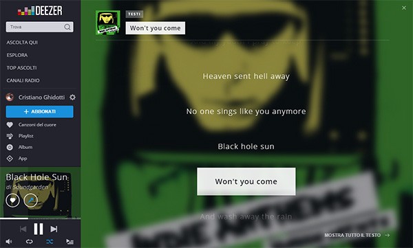 I testi delle canzoni mostrati all'interno dell'interfaccia di Deezer