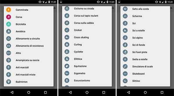 Alcune delle 100 nuove attività sportive supportate da Google Fit con l'ultimo aggiornamento dell'applicazione
