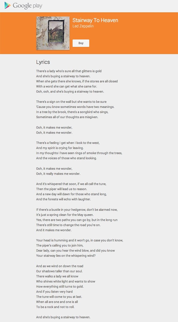 Il testo completo di "Stairway to heaven" dei Led Zeppelin su Google Play Music