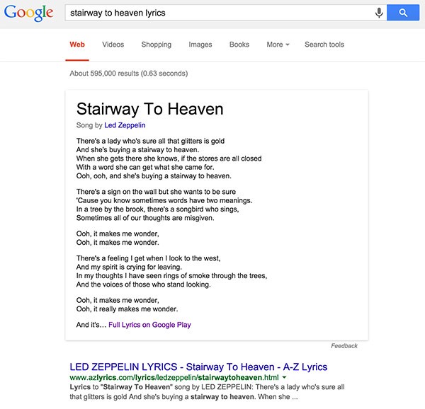 Il testo di "Stairway to heaven" dei Led Zeppelin mostrato nella SERP di Google