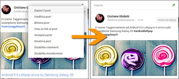 Selezionando l'opzione "Esponi il post" su Google+ il contenuto sarà fissato nella parte alta della pagina, contrassegnato da una puntina verde
