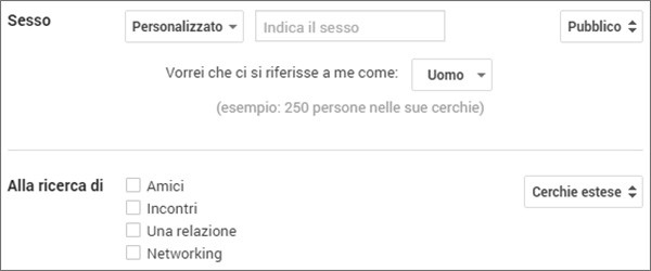 I campi da compilare per definire la propria identità di genere personalizzata su Google+