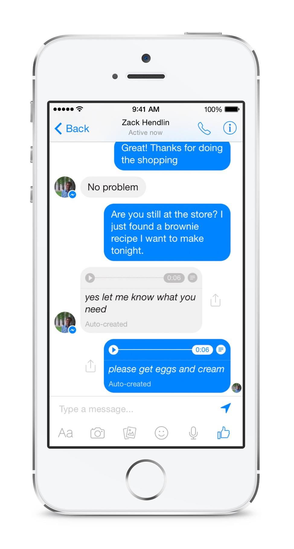 Trascrizione dei messaggi vocali su Facebook Messenger.