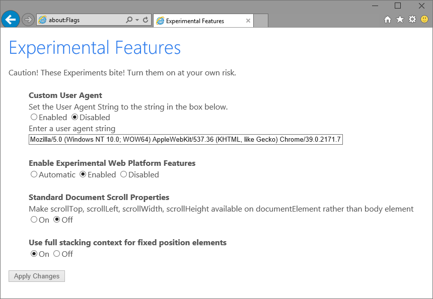 IE11 in Windows 10 - AboutFlags