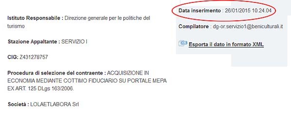 Il bando di gara col quale è stato affidatoalla LolaEtLabora srl l'incarico di realizzare il sito turistico. Da notare la data di pubblicazione sul sito del Mibact: soltanto ieri mattina. Dopo che molti avevano chiesto informazioni.