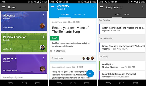 Screenshot per l'interfaccia dell'applicazione Google Classroom su smartphone Android