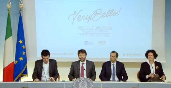 La conferenza stampa di sabato scorso a Palazzo Chigi. Da sinistra, il ministro delle Politiche agricole alimentari e forestali, Maurizio Martina, il ministro dei Beni culturali e del turismo, Dario Franceschini, il Commissario di Governo per Expo 2015, Giuseppe Sala e il sottosegretario del Mibact, Ilaria Borletti Buitoni.