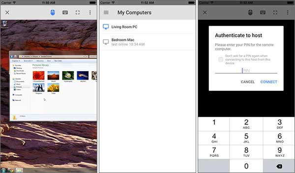 Screenshot della versione per iPhone dell'app Chrome Remote Desktop