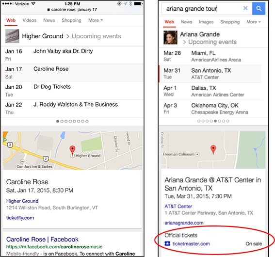 Concerti ed eventi live indicizzati nelle SERP di Google
