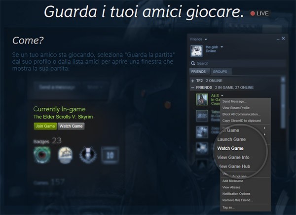 Lo streaming live delle partite con la funzionalità Broadcasting di Steam