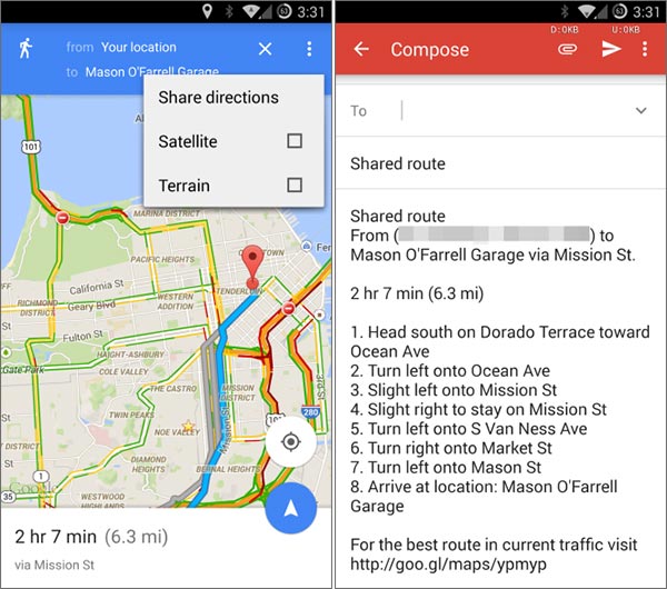 La funzionalità dedicata alla condivisione delle indicazioni stradali in Google Maps 9.3 per Android
