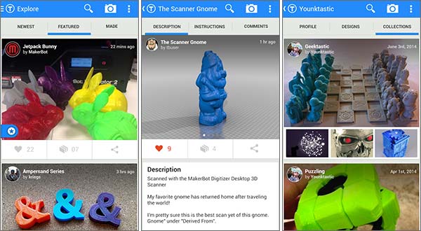 Screenshot per l'applicazione Thingiverse di MakerBot su smartphone Android