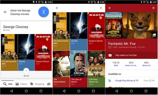 Le informazioni su film e attori mostrate in pieno stile Material Design dall'applicazione Ricerca Google per dispositivi Android