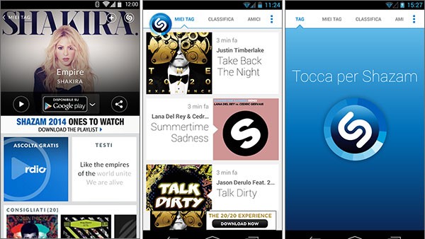 Screenshot per la versione Android di Shazam