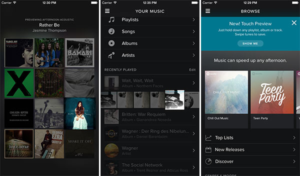 Screenshot per la nuova funzionalità Touch Preview di Spotify