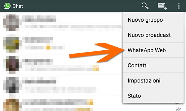 La voce "WhatsApp Web" nel menu principale dell'app su smartphone