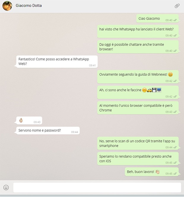 Una singola conversazione visualizzata nell'interfaccia di WhatsApp Web