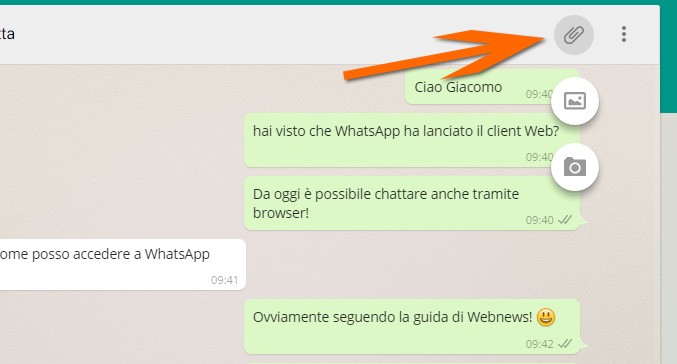 I pulsanti per l'invio di file o fotografie tramite WhatsApp Web