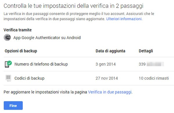 Quinto step: controllo delle impostazioni relative alla verifica in due passaggi